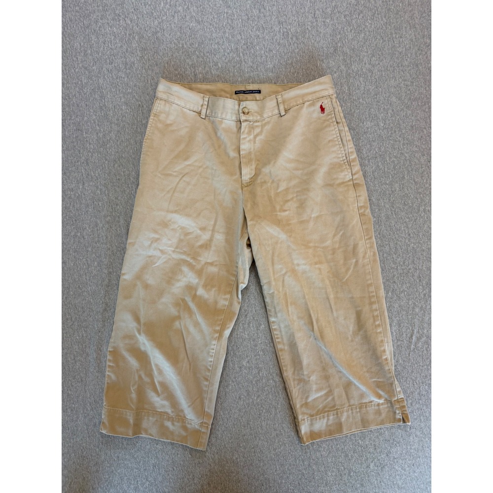 Ralph Lauren Sport Tan Khaki Cropped Wide Leg Chino Pants Womens 12 Red Pony
